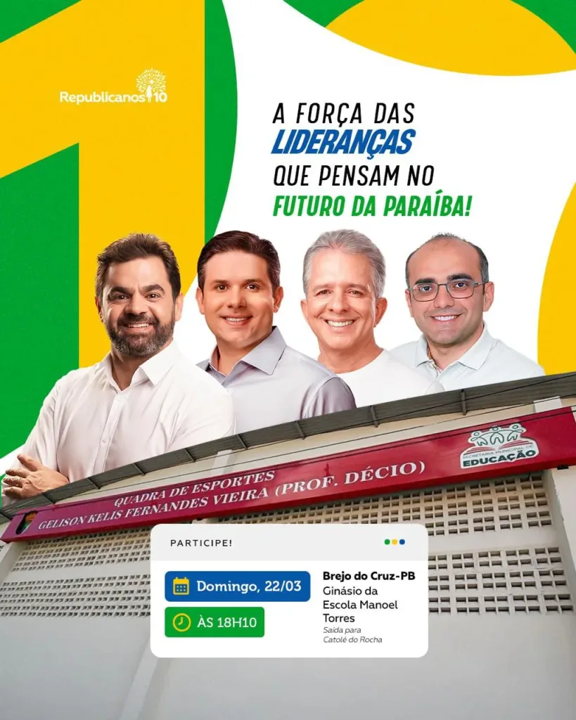 Maringá 98 FM — O prefeito de Patos Nabor Wanderley cumpre agenda política no Sertão neste domingo, 22, com participação em um ato de filiação partidária que deve ampliar a presença do Republicanos no interior da Paraíba. O evento será realizado no município de Brejo do Cruz e reunirá lideranças políticas da região. Na ocasião, o gestor patoense prestigia a chegada do prefeito Dr. Tales e do ex-prefeito Jarques Lúcio à legenda. Ambos são considerados nomes de relevância política no Médio Piranhas e reforçam a estratégia de crescimento do partido no estado. Em publicação nas redes sociais, Nabor destacou a importância do momento para […]