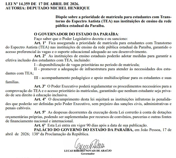 Maringá 98 FM — O governador Lucas ribeiro sancionou lei que assegura a prioridade de matrícula para estudantes com Transtorno do Espectro Autista (TEA) nas instituições de ensino da rede pública estadual da Paraíba. O texto de autoria do deputado Michel Henrique foi publicado no Diário Oficial do Estado (DOE) deste sábado (18). A lei entra em vigor 90 dias após a data de publicação. Além de garantir acesso preferencial, texto visa o suporte educacional adequado ao desenvolvimento dos estudantes com TEA. De acordo com o texto, as instituições podem adotar as seguintes medidas: disponibilização de vagas prioritárias no período de matrícula; promover a adequação de […]