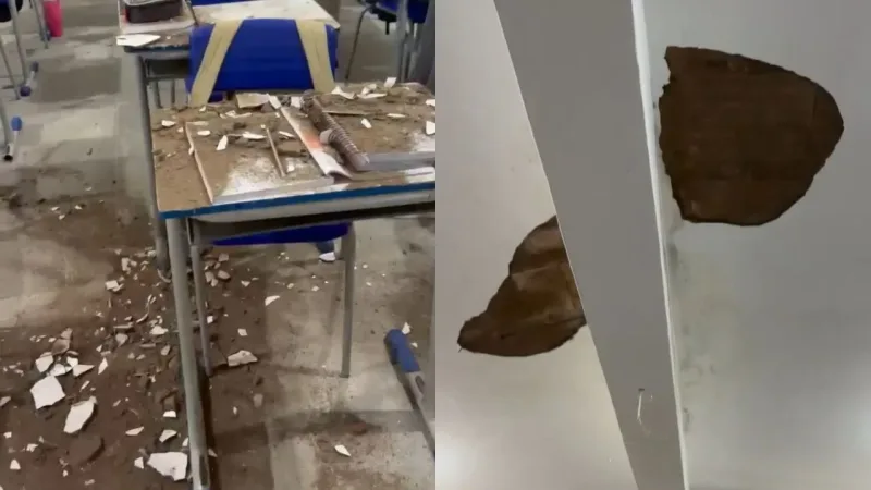 Maringá 98 FM — Parte do teto da Escola Municipal Osmar de Aquino, na cidade de Guarabira, no Brejo da Paraíba, desabou durante uma aula na tarde da última segunda-feira (25). Em um vídeo publicado pela professora e vereadora Josineide Nicolau, é possível ver os destroços espalhados pela sala de aula. De acordo com o relato da docente, ela e uma aluna chegaram a ser atingidas, mas ninguém ficou ferido. “Estou muito nervosa. Agora mesmo caiu o teto da sala de aula, sem condições de dar aula. Caiu e atingiu tanto a mim quanto uma aluna. Graças a Deus, estamos bem”, relatou. (Foto: Reprodução/Instagram) (Foto: [&hellip;]