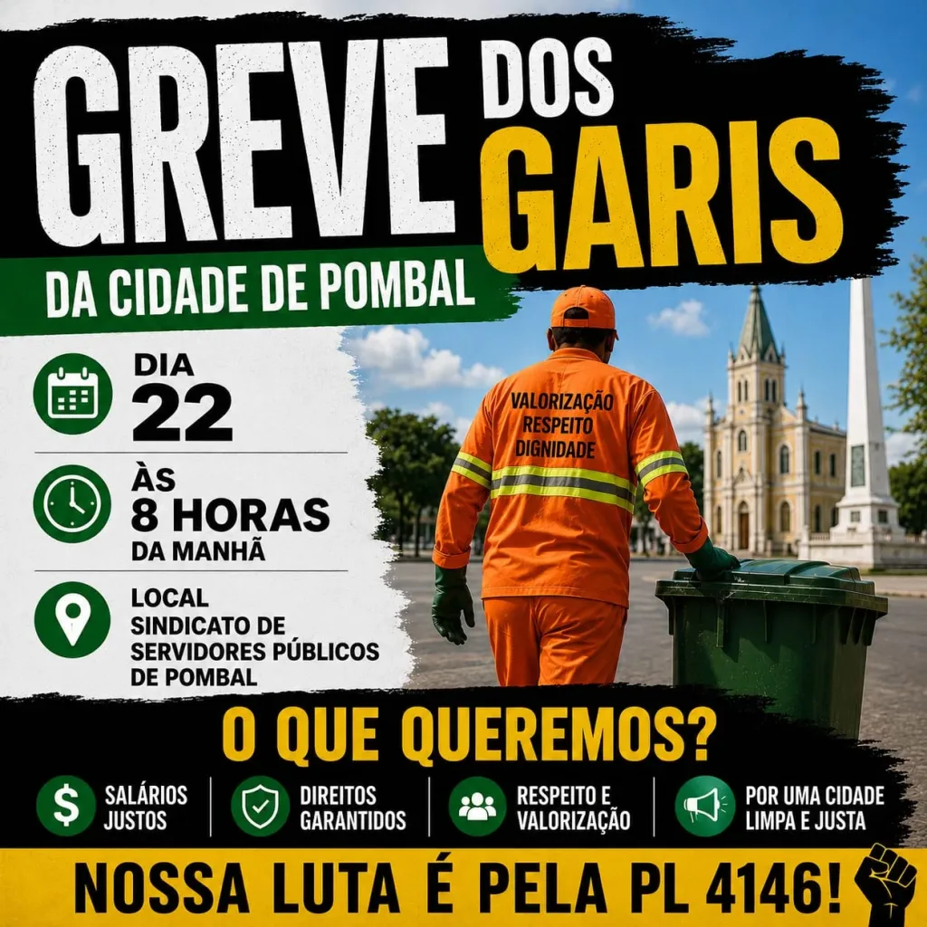 Maringá 98 FM —   Os garis da cidade de Pombal, no Sertão da Paraíba, aderiram a paralisação nacional da categoria nesta segunda-feira (22), às 8h da manhã. A mobilização iniciou na sede do Sindicato dos Servidores Públicos de Pombal e tem como principal pauta a defesa dos direitos da categoria e a aprovação do Projeto de Lei (PL) 4146. Em material divulgado nas redes sociais, os trabalhadores reivindicam salários justos, direitos garantidos, respeito e valorização profissional. A categoria também destaca a importância do serviço prestado pelos garis e defende melhores condições de trabalho em busca de uma cidade mais limpa e justa. Com o […]