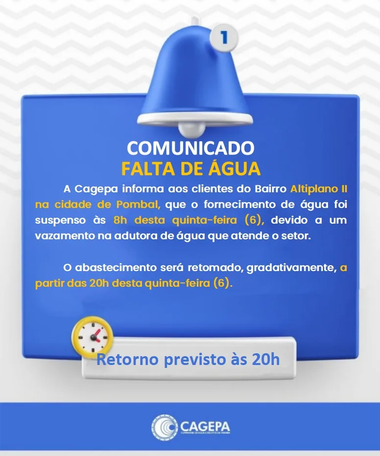 Maringá 98 FM — A CAGEPA informou que o abastecimento de água no bairro Altiplano II, em Pombal, foi suspenso às 8h desta quinta-feira (6), devido a um vazamento na adutora que atende a localidade. De acordo com a companhia, o fornecimento de água será retomado de forma gradativa a partir das 20h desta quinta-feira, após a conclusão dos serviços de reparo.